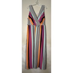 Yellow Star Dress Striped Maxi V-Neck Size 1X Side Zip Tie Back Lined